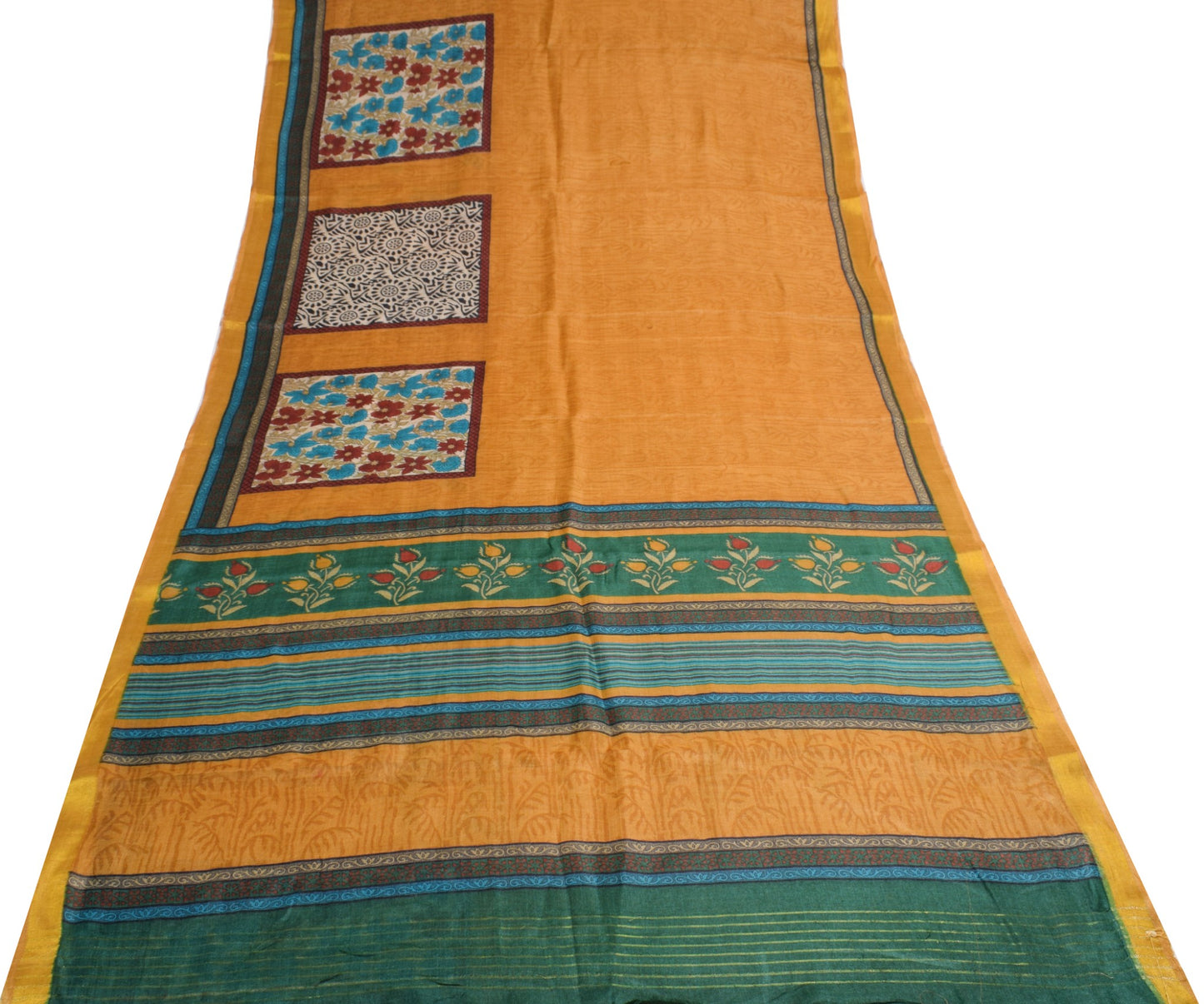 Sushila Vintage Mustard Floral Saree 100% Pure Woolen Soft Sari Craft Fabric