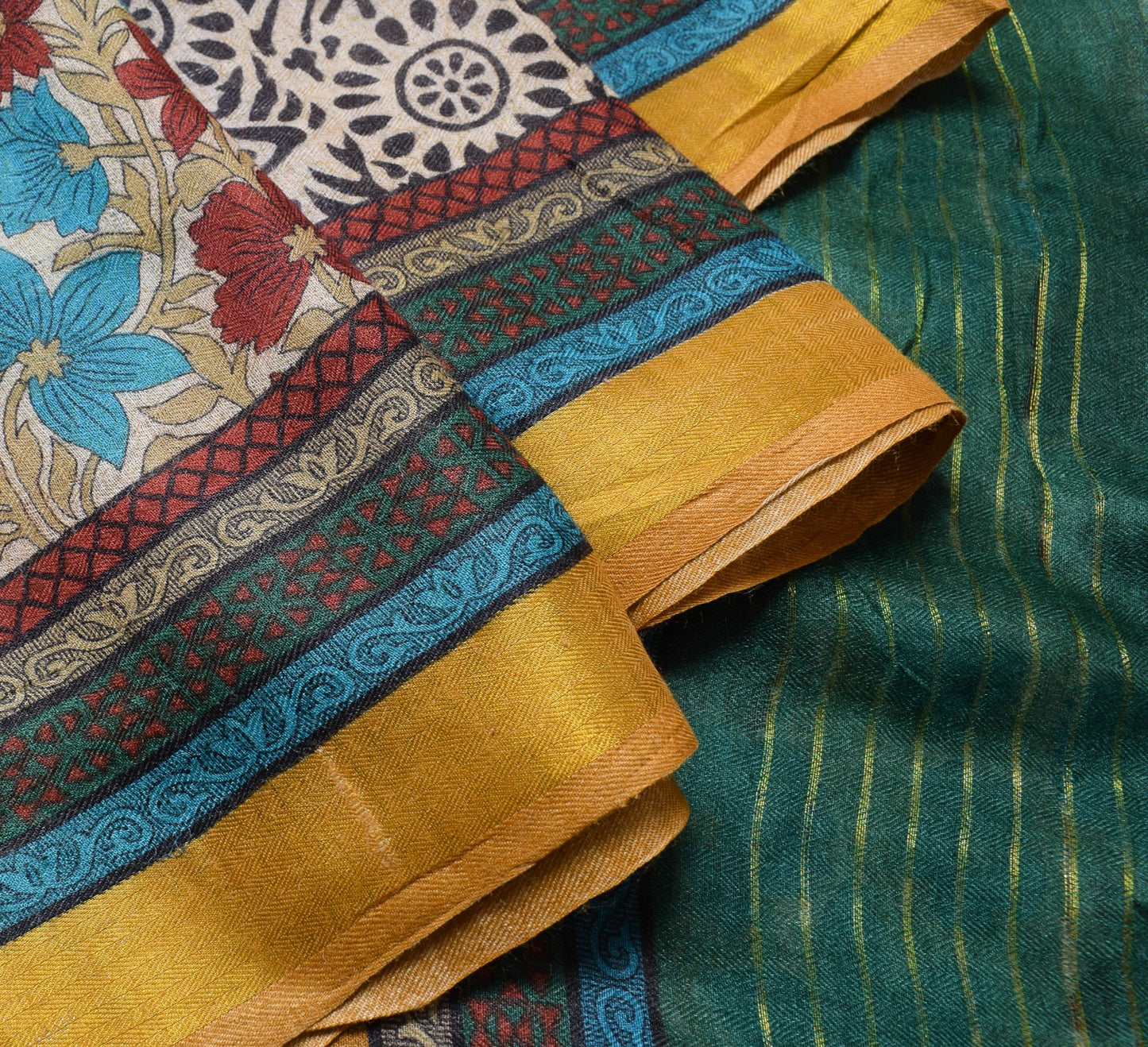 Sushila Vintage Mustard Floral Saree 100% Pure Woolen Soft Sari Craft Fabric