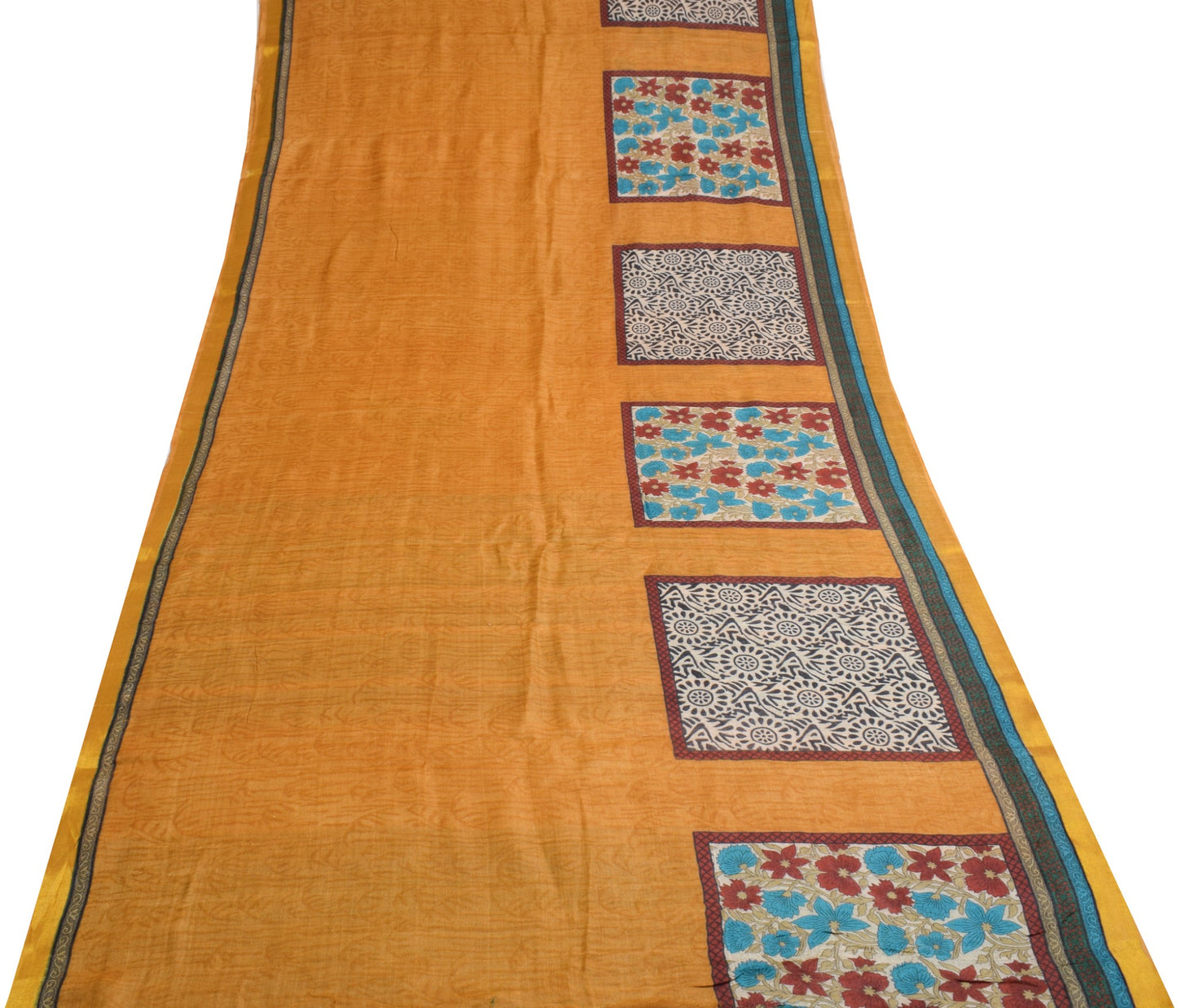 Sushila Vintage Mustard Floral Saree 100% Pure Woolen Soft Sari Craft Fabric