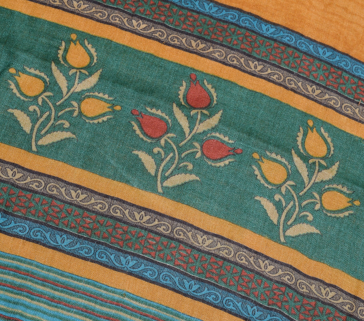 Sushila Vintage Mustard Floral Saree 100% Pure Woolen Soft Sari Craft Fabric