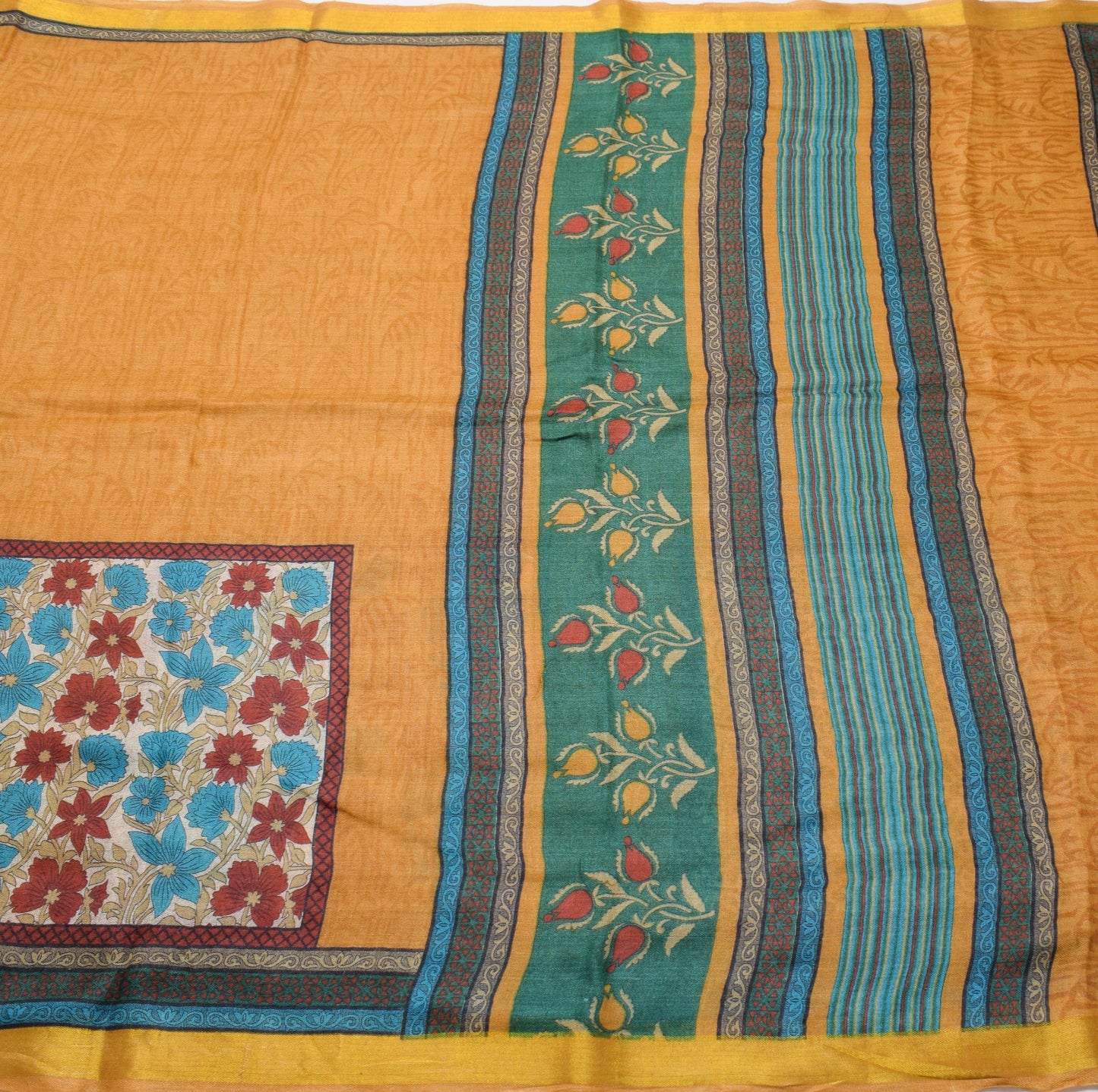 Sushila Vintage Mustard Floral Saree 100% Pure Woolen Soft Sari Craft Fabric