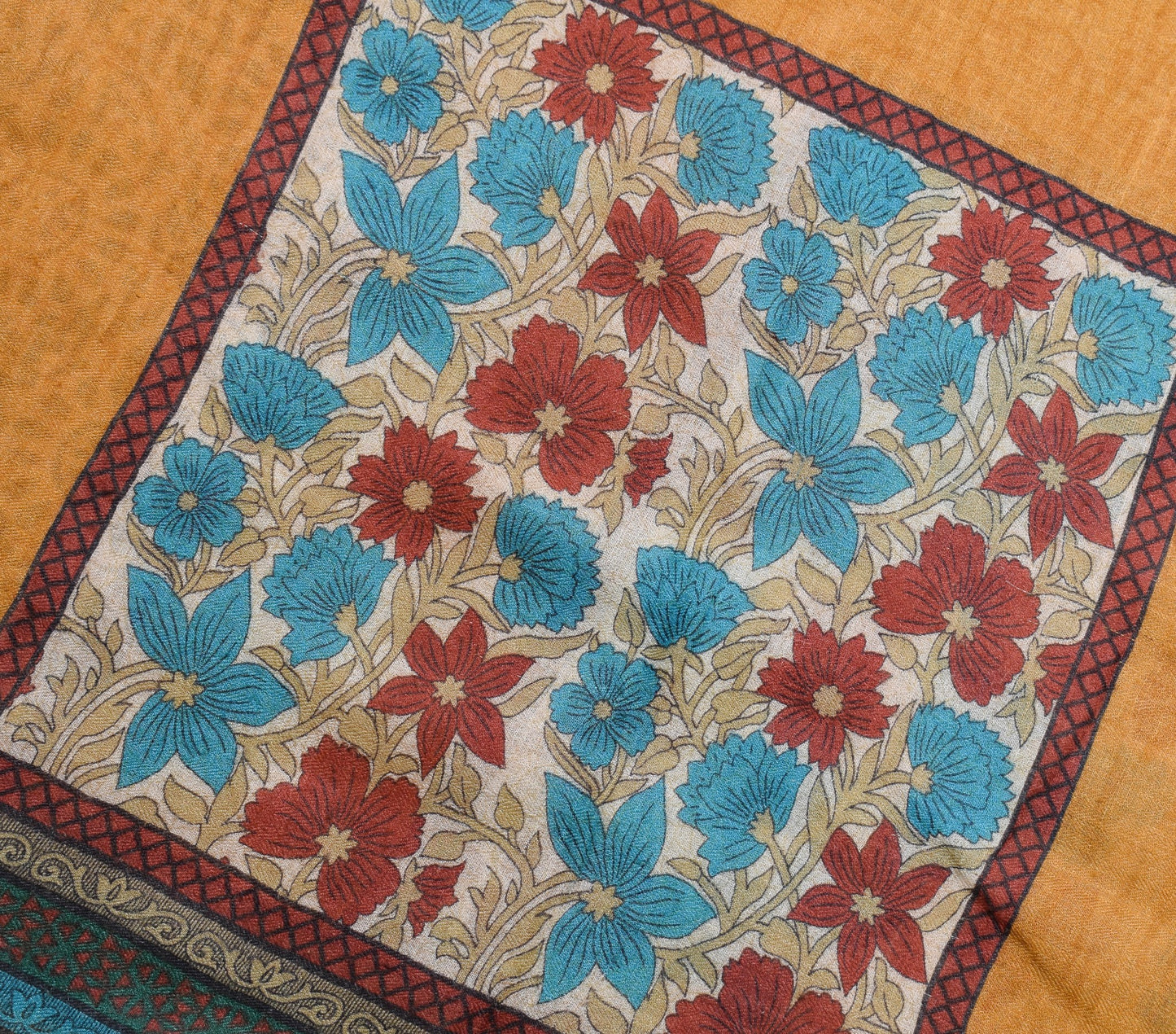 Sushila Vintage Mustard Floral Saree 100% Pure Woolen Soft Sari Craft Fabric