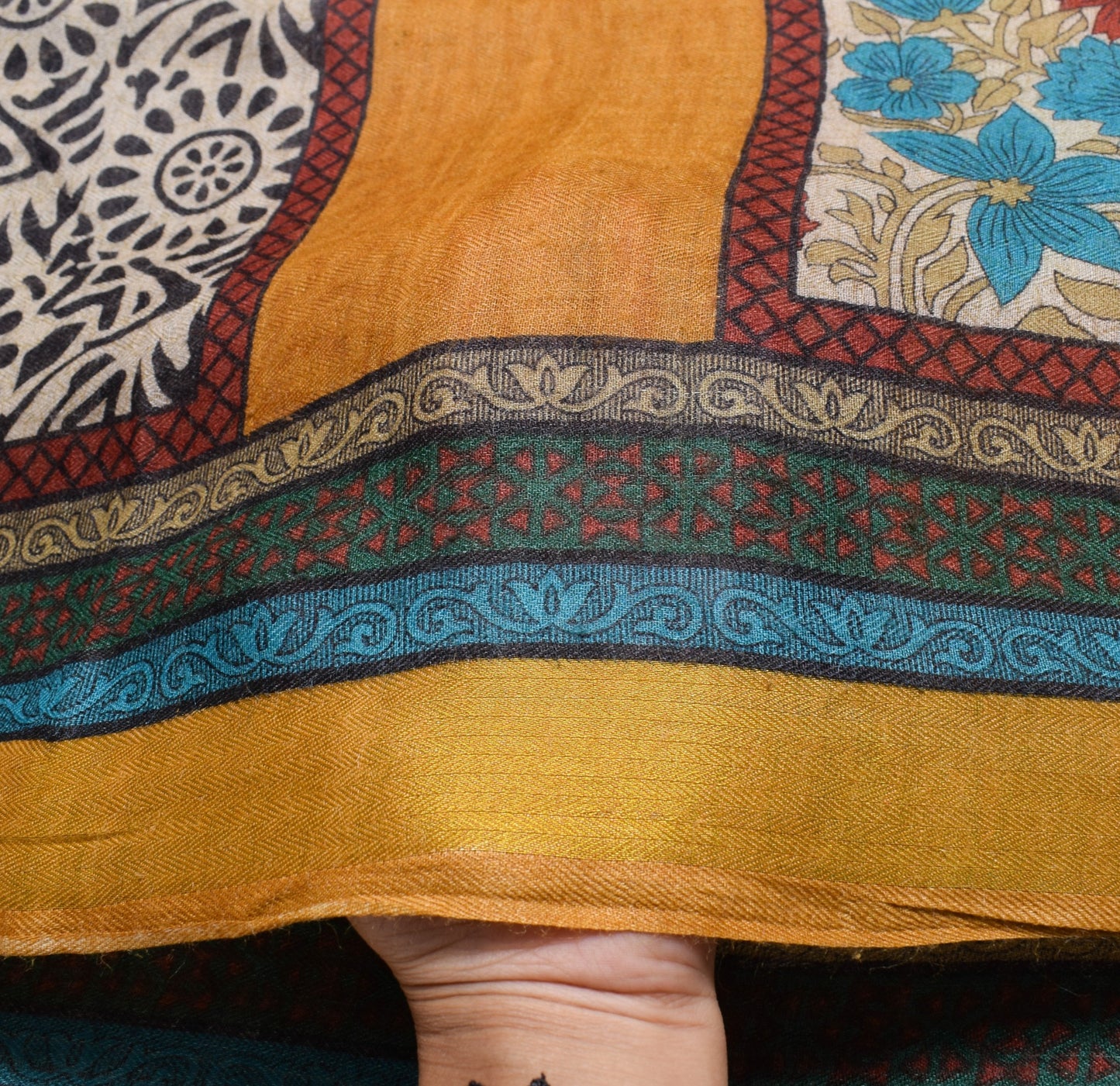 Sushila Vintage Mustard Floral Saree 100% Pure Woolen Soft Sari Craft Fabric