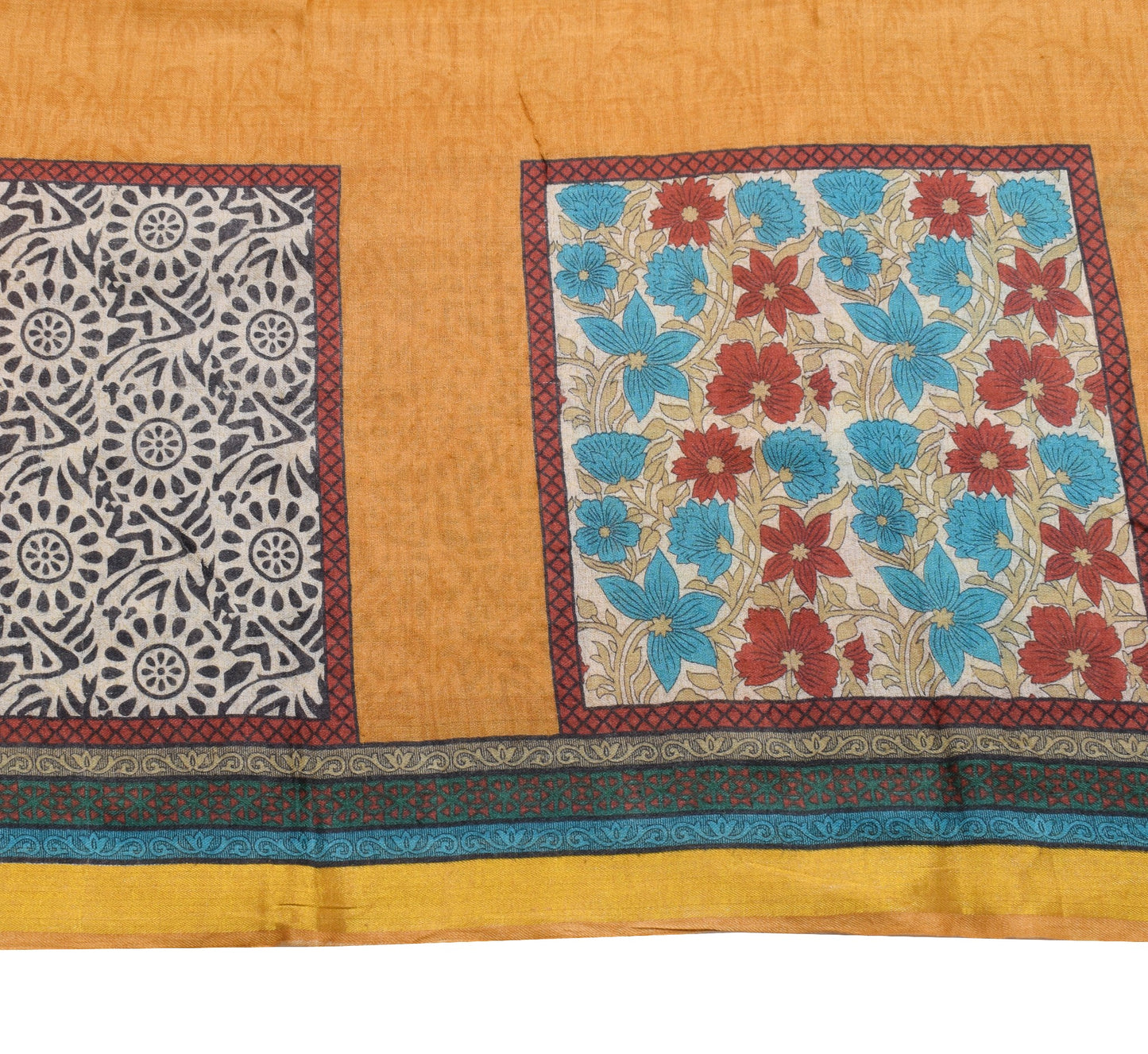 Sushila Vintage Mustard Floral Saree 100% Pure Woolen Soft Sari Craft Fabric