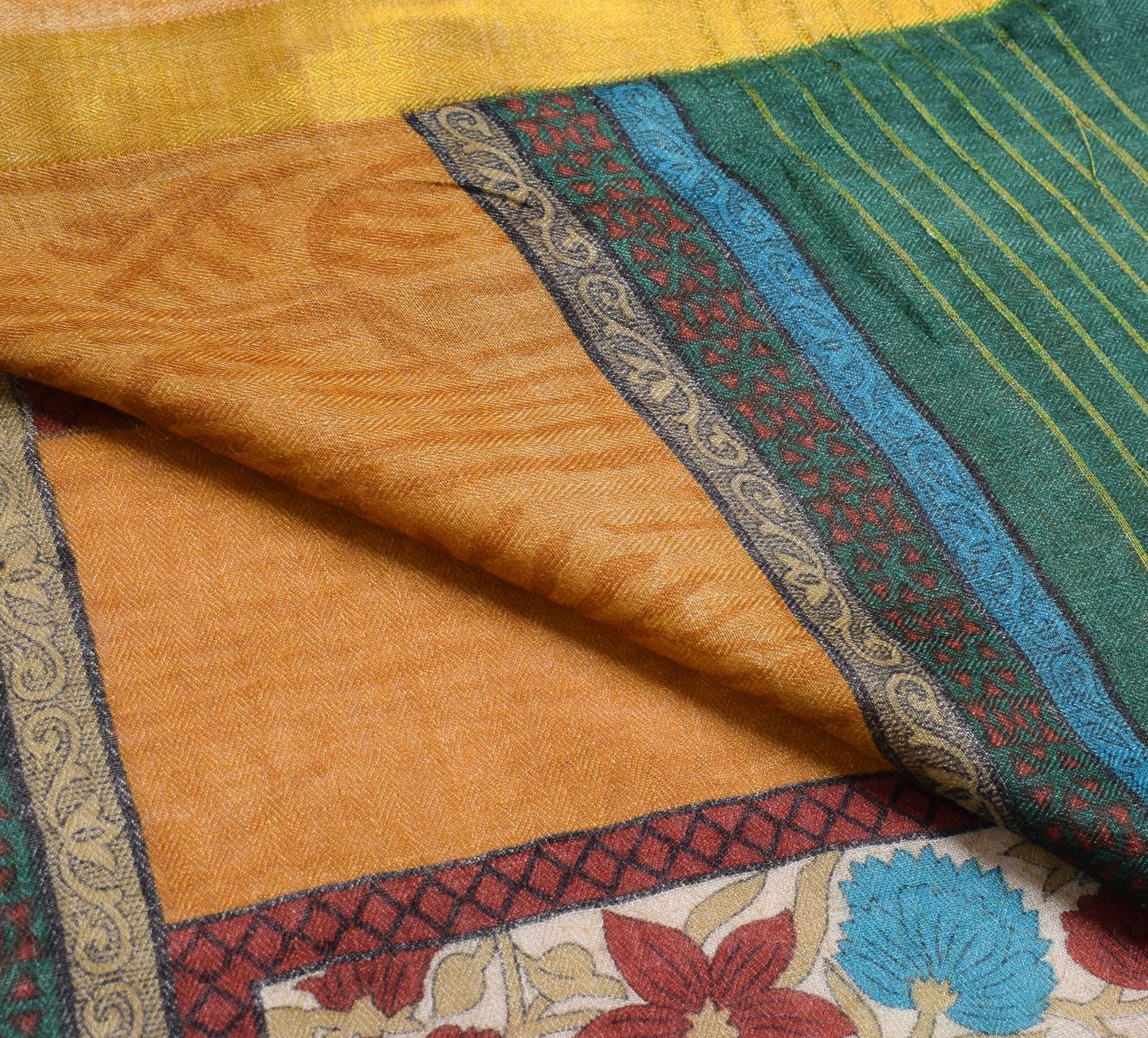 Sushila Vintage Mustard Floral Saree 100% Pure Woolen Soft Sari Craft Fabric