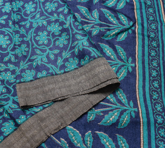 Sushila Vintage Blue Pure Woolen Saree Floral Printed Soft Warm Branded Fabric