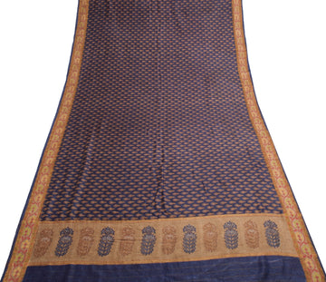 Sushila Vintage Pure Woolen Saree Dark Blue Floral Printed Soft 5YD Sari Fabric