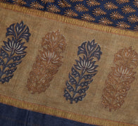 Sushila Vintage Pure Woolen Saree Dark Blue Floral Printed Soft 5YD Sari Fabric