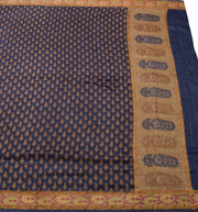 Sushila Vintage Pure Woolen Saree Dark Blue Floral Printed Soft 5YD Sari Fabric