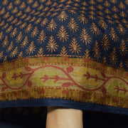 Sushila Vintage Pure Woolen Saree Dark Blue Floral Printed Soft 5YD Sari Fabric