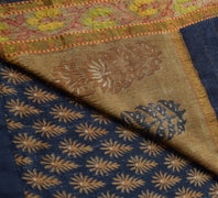 Sushila Vintage Pure Woolen Saree Dark Blue Floral Printed Soft 5YD Sari Fabric