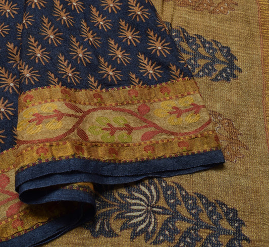 Sushila Vintage Pure Woolen Saree Dark Blue Floral Printed Soft 5YD Sari Fabric