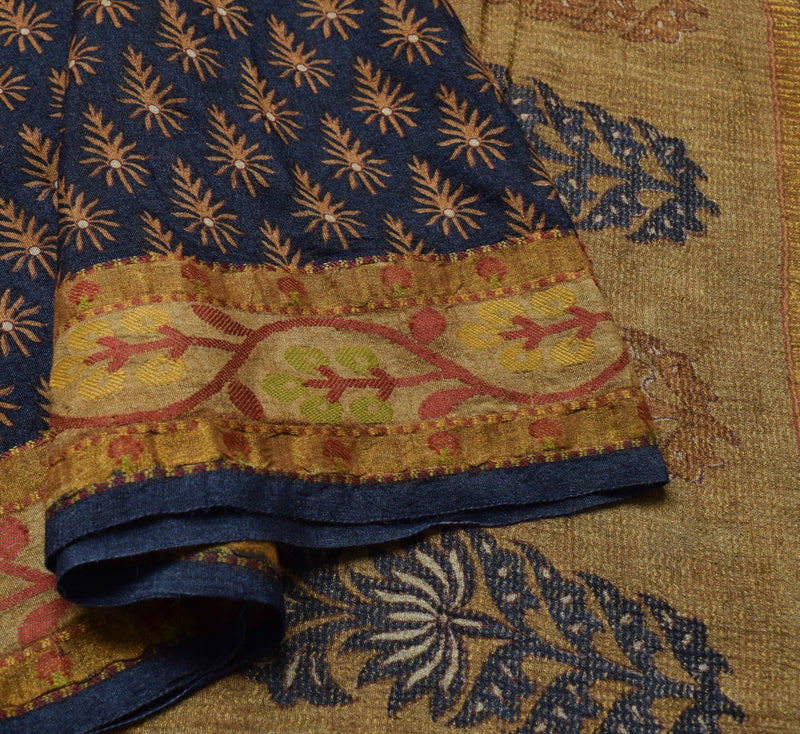 Sushila Vintage Pure Woolen Saree Dark Blue Floral Printed Soft 5YD Sari Fabric