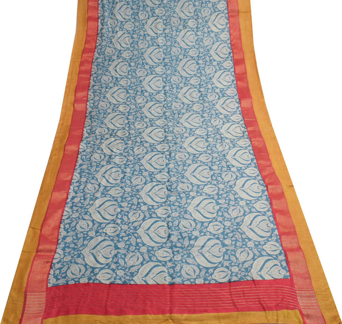 Sushila Vintage Teal Blue Saree Pure Woolen Floral Printed Soft 5YD Sari Fabric