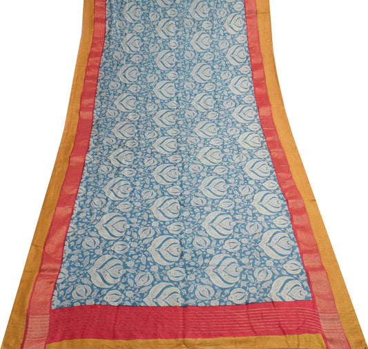 Sushila Vintage Teal Blue Saree Pure Woolen Floral Printed Soft 5YD Sari Fabric