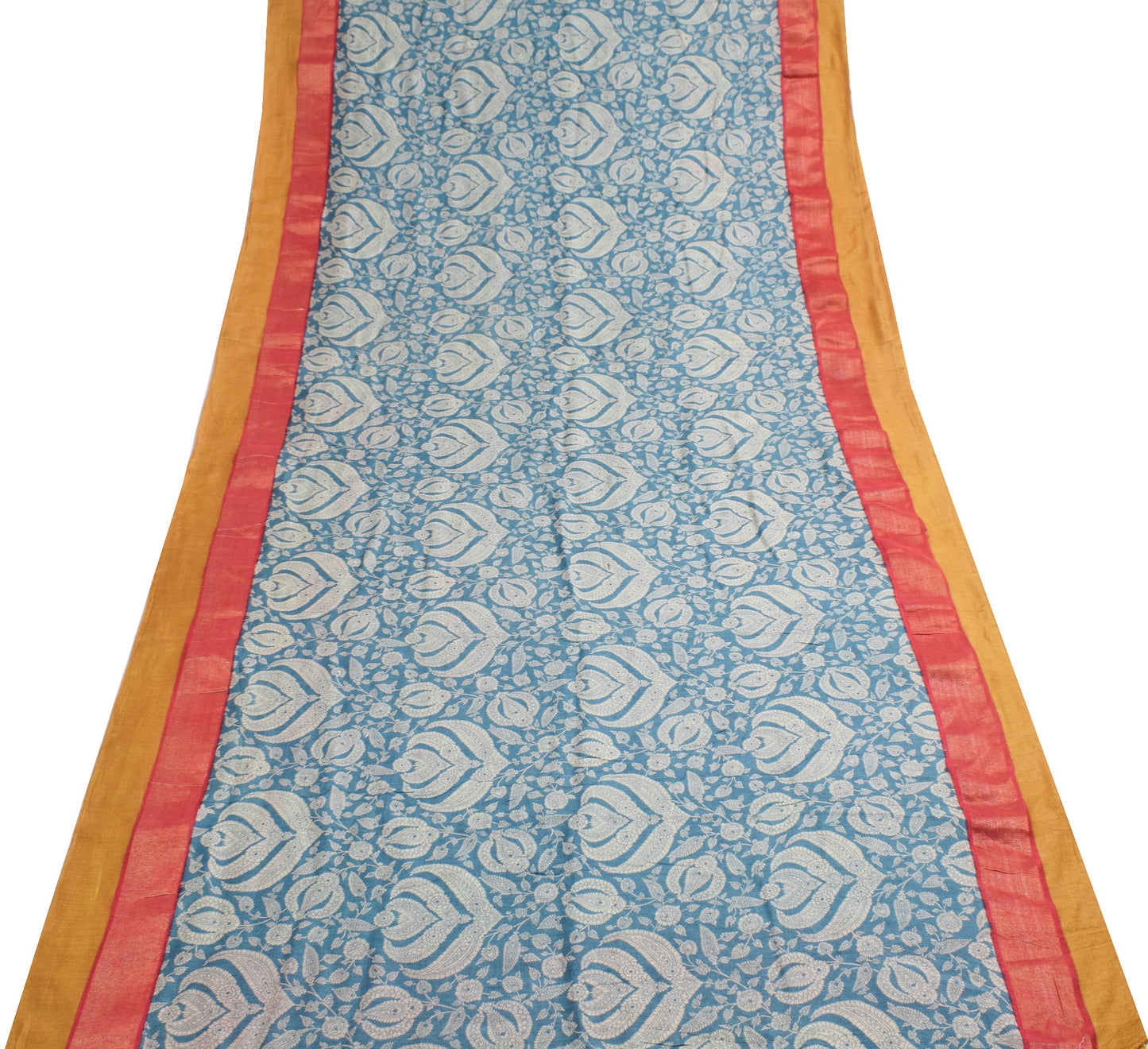 Sushila Vintage Teal Blue Saree Pure Woolen Floral Printed Soft 5YD Sari Fabric