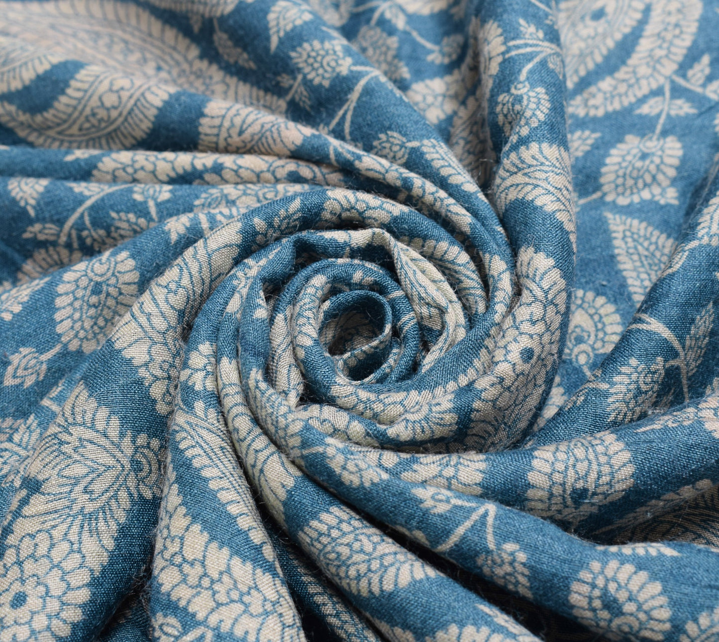 Sushila Vintage Teal Blue Saree Pure Woolen Floral Printed Soft 5YD Sari Fabric