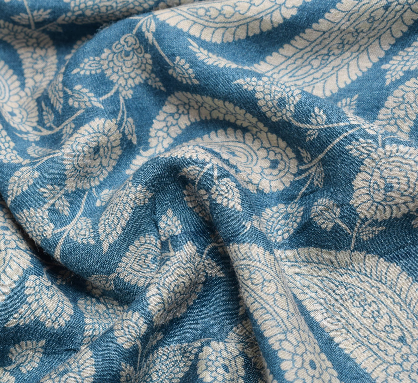 Sushila Vintage Teal Blue Saree Pure Woolen Floral Printed Soft 5YD Sari Fabric