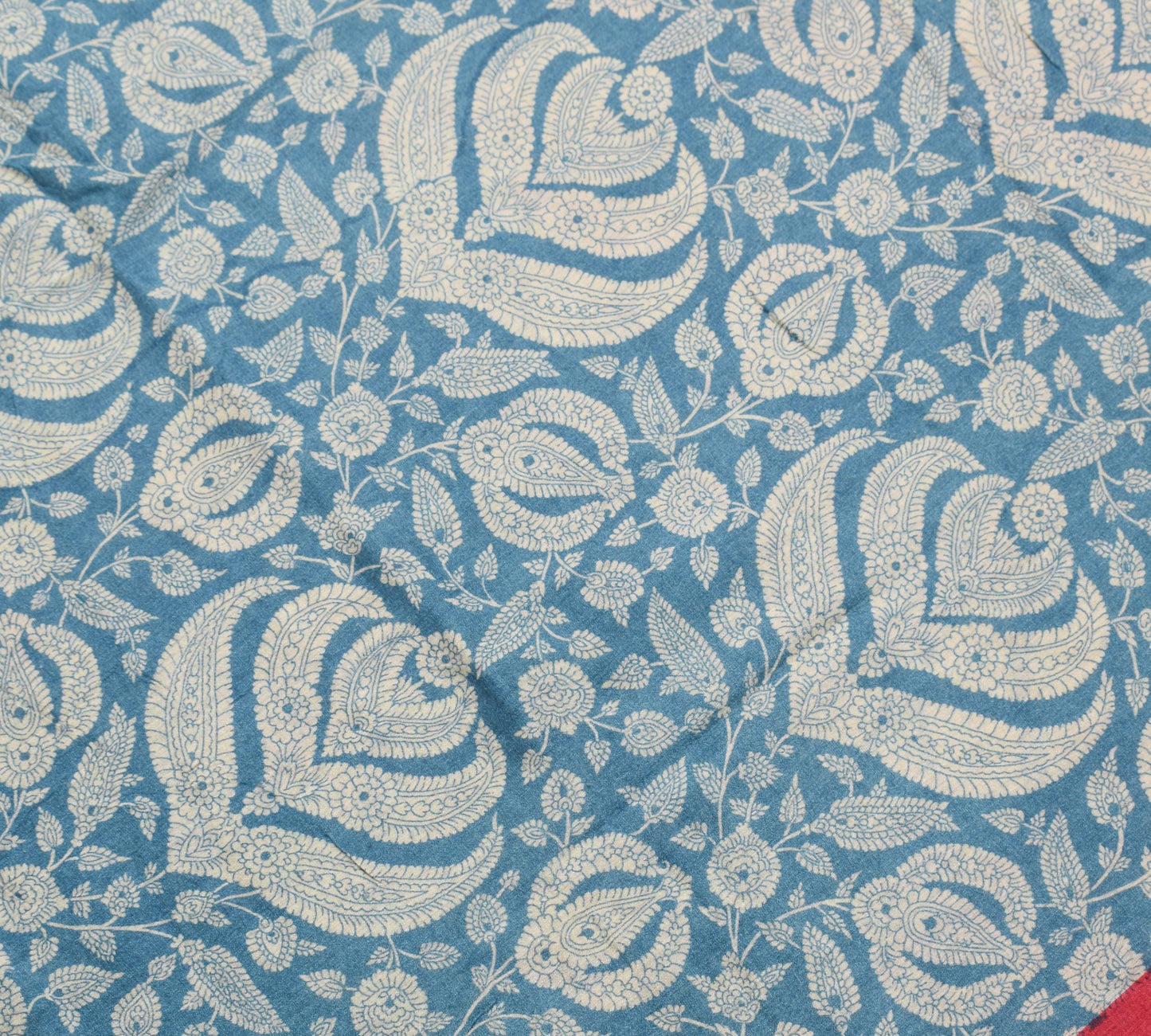 Sushila Vintage Teal Blue Saree Pure Woolen Floral Printed Soft 5YD Sari Fabric