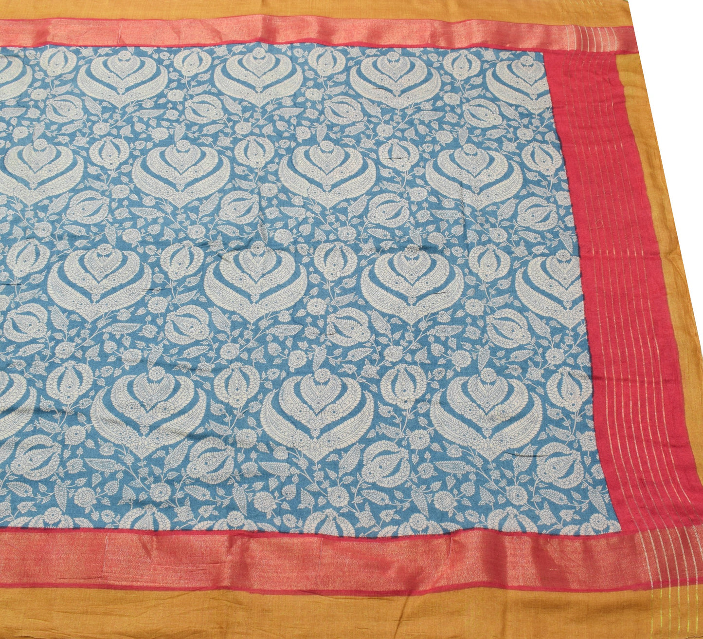 Sushila Vintage Teal Blue Saree Pure Woolen Floral Printed Soft 5YD Sari Fabric