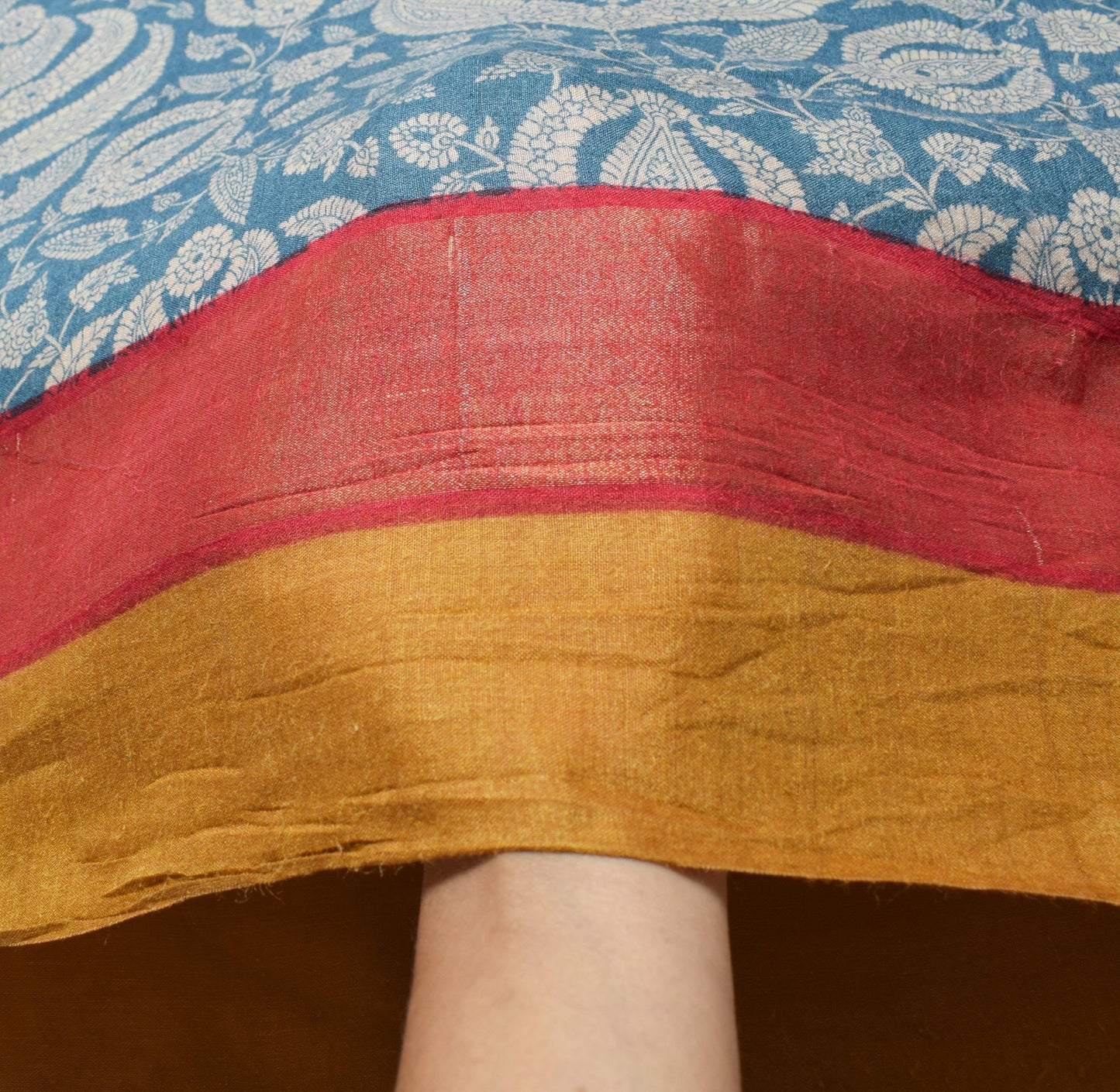 Sushila Vintage Teal Blue Saree Pure Woolen Floral Printed Soft 5YD Sari Fabric