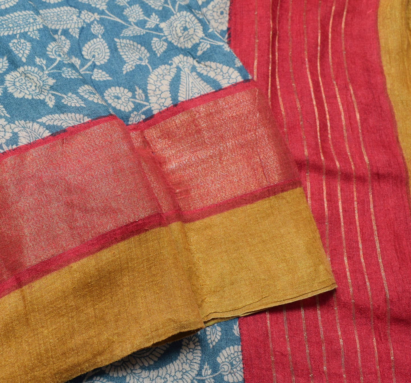 Sushila Vintage Teal Blue Saree Pure Woolen Floral Printed Soft 5YD Sari Fabric