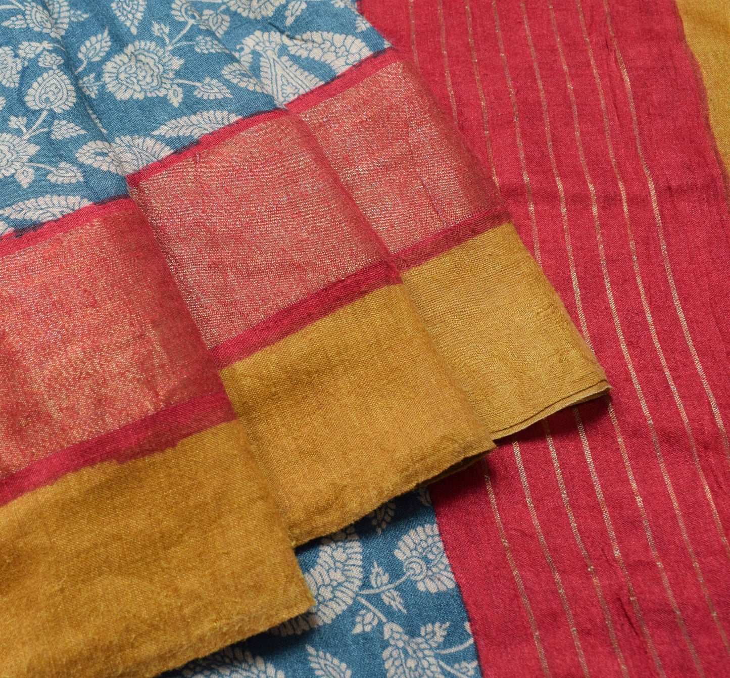 Sushila Vintage Teal Blue Saree Pure Woolen Floral Printed Soft 5YD Sari Fabric