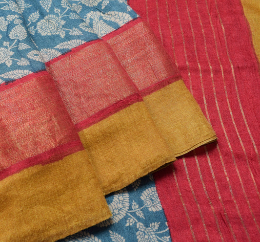 Sushila Vintage Teal Blue Saree Pure Woolen Floral Printed Soft 5YD Sari Fabric