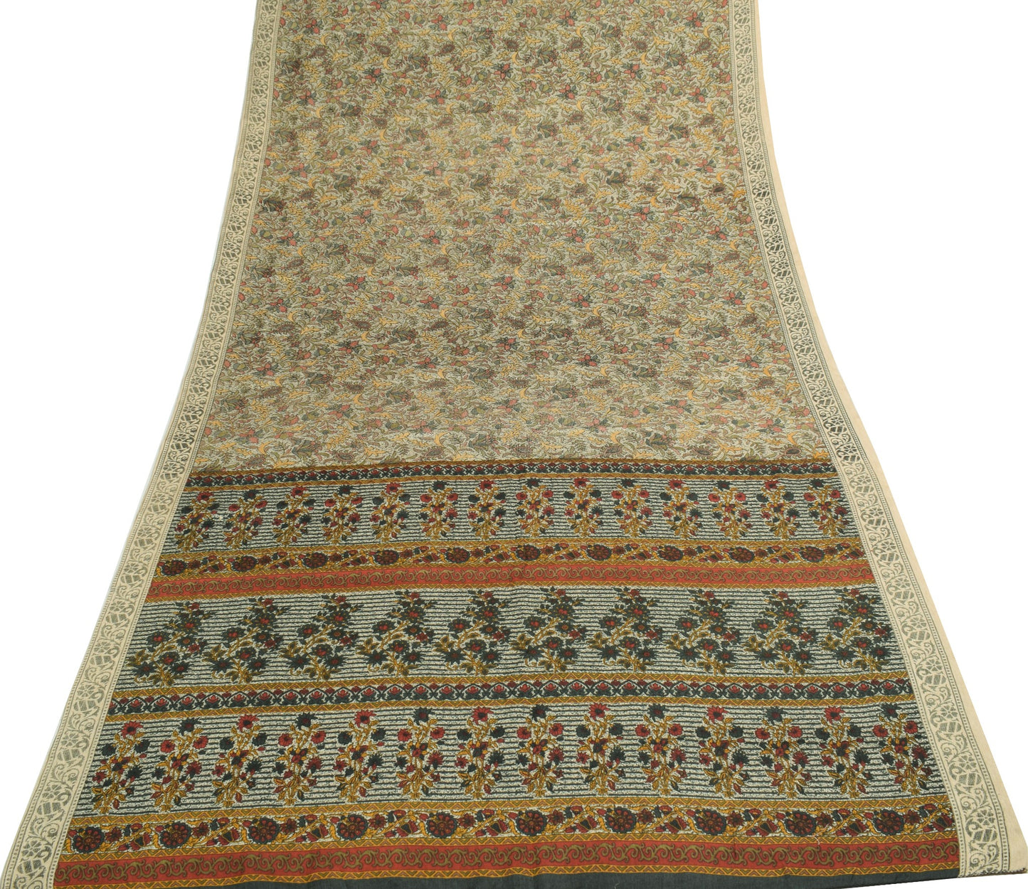 Sushila Vintage Cream Saree Art Silk Floral Printed 5 Yard Sari Craft Fabric