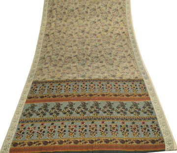 Sushila Vintage Cream Saree Art Silk Floral Printed 5 Yard Sari Craft Fabric