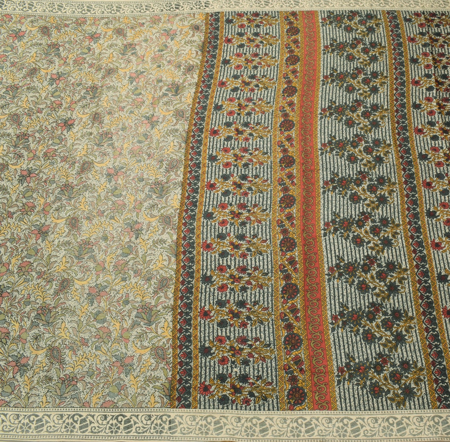 Sushila Vintage Cream Saree Art Silk Floral Printed 5 Yard Sari Craft Fabric