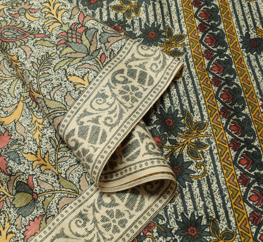 Sushila Vintage Cream Saree Art Silk Floral Printed 5 Yard Sari Craft Fabric