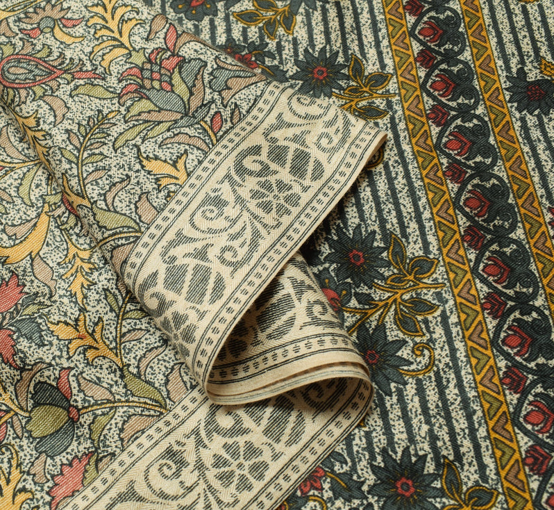 Sushila Vintage Cream Saree Art Silk Floral Printed 5 Yard Sari Craft Fabric