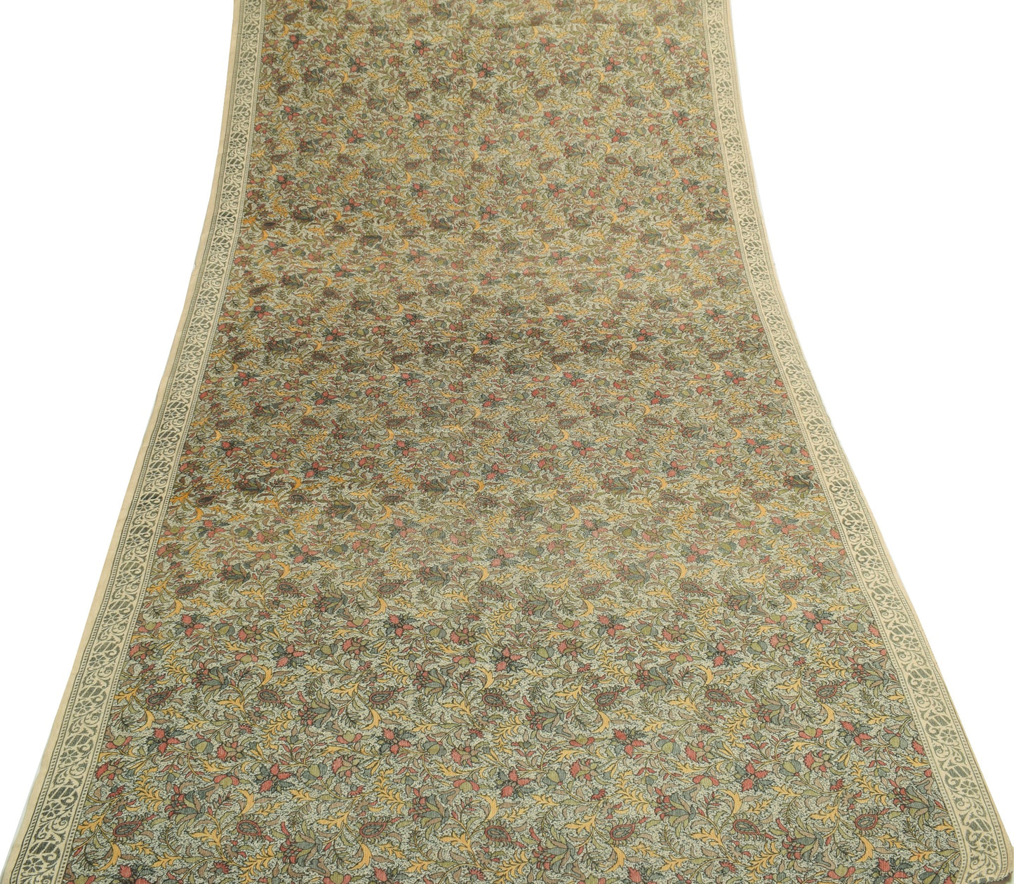 Sushila Vintage Cream Saree Art Silk Floral Printed 5 Yard Sari Craft Fabric