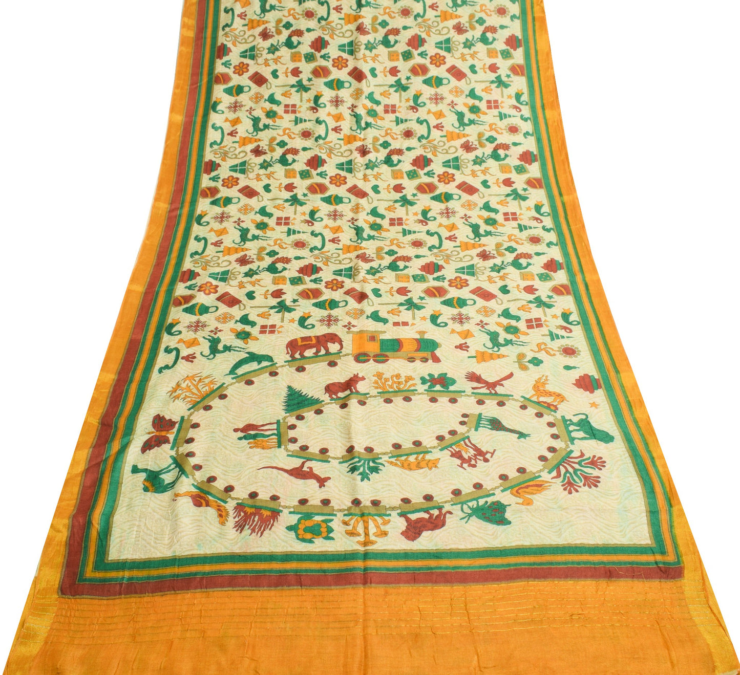 Sushila Vintage Cream Antique Saree Pure Woolen Animal Birds Printed Sari Fabric