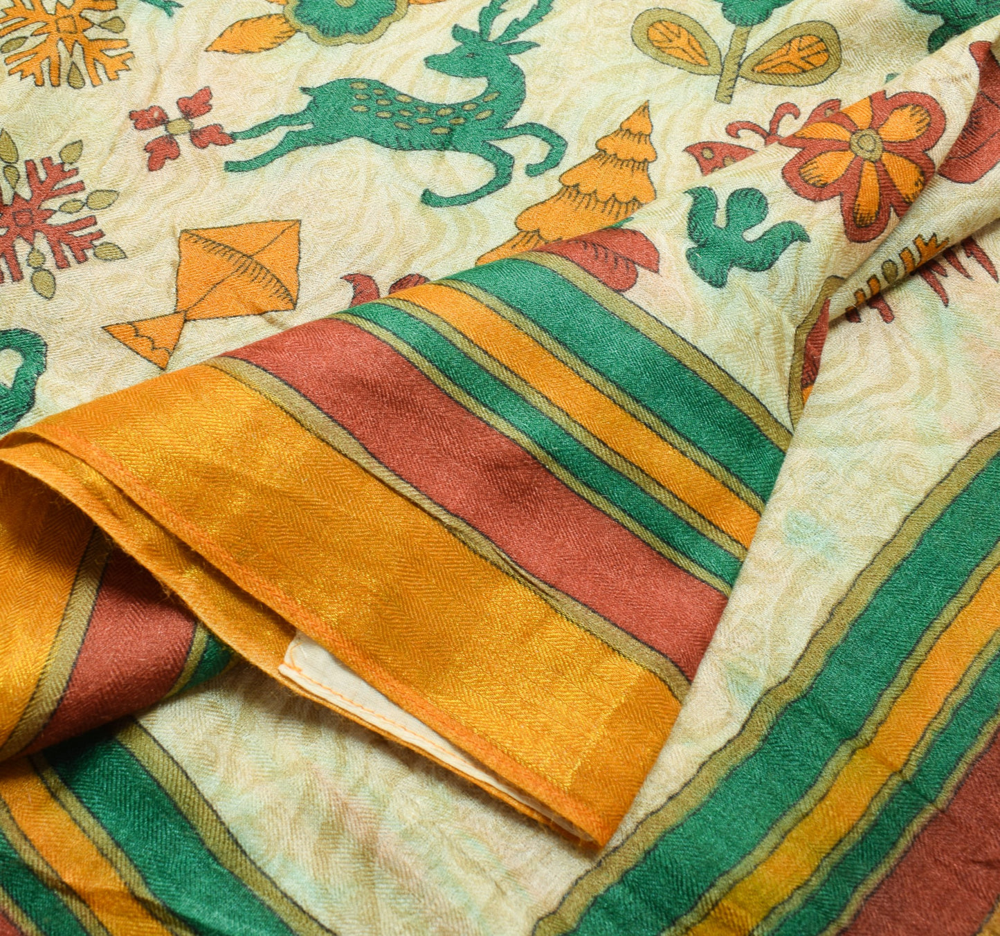 Sushila Vintage Cream Antique Saree Pure Woolen Animal Birds Printed Sari Fabric