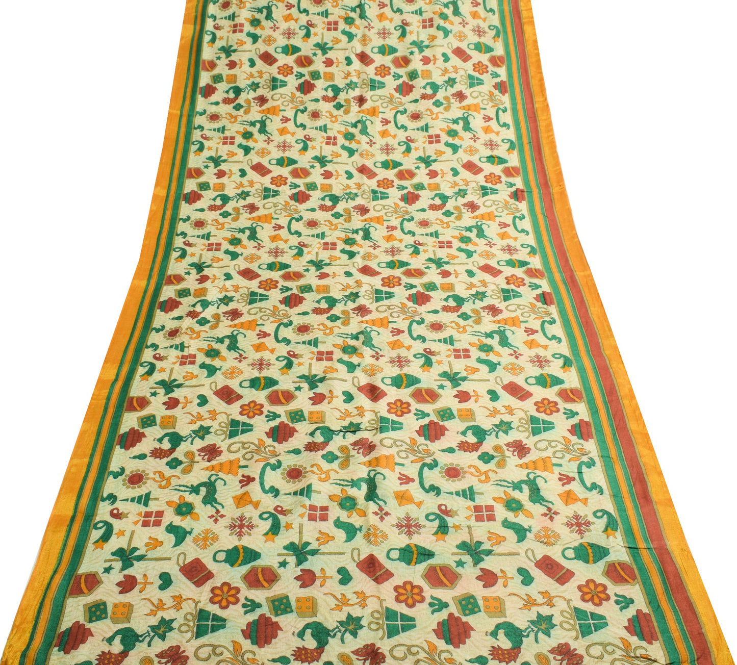 Sushila Vintage Cream Antique Saree Pure Woolen Animal Birds Printed Sari Fabric