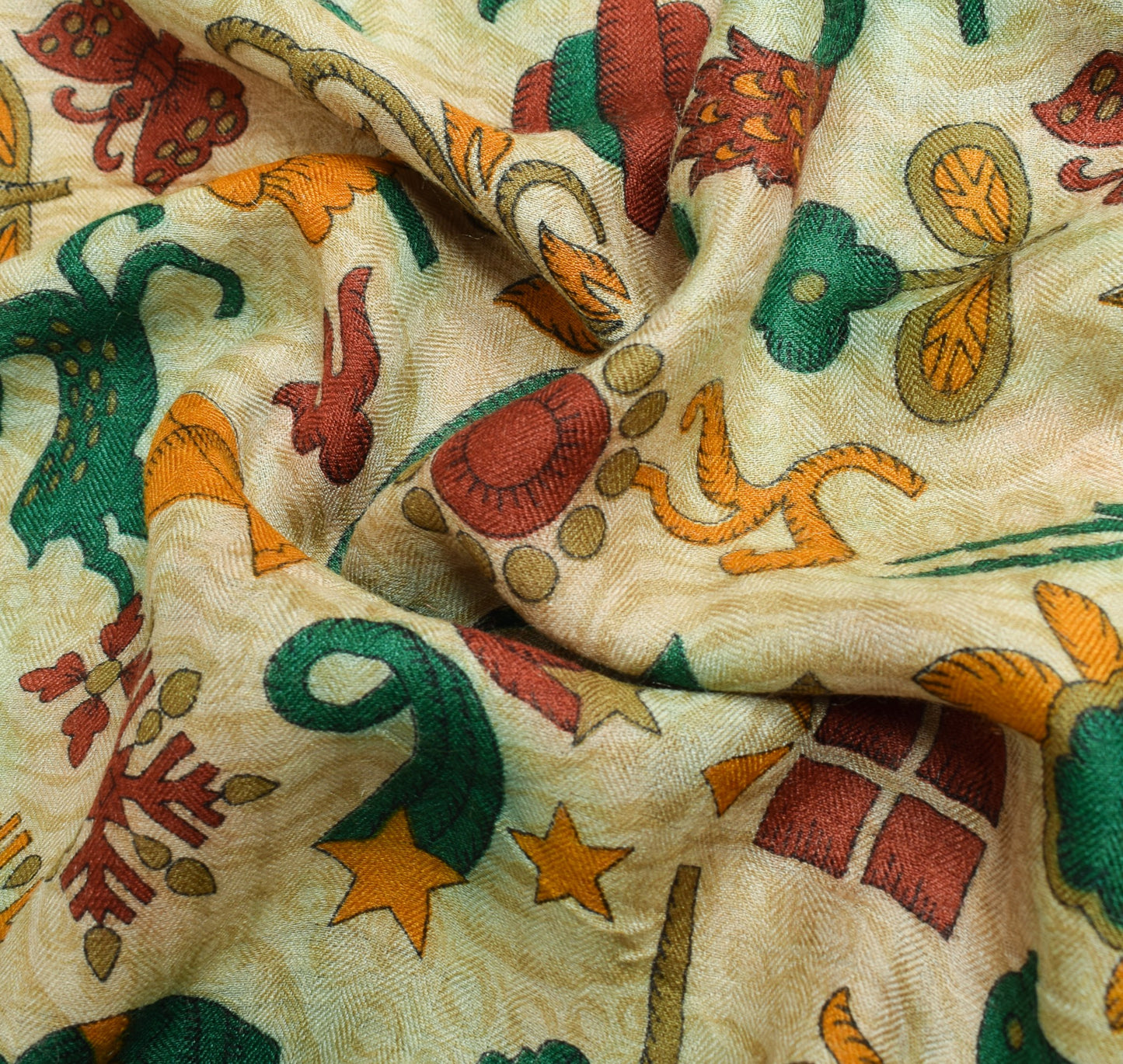 Sushila Vintage Cream Antique Saree Pure Woolen Animal Birds Printed Sari Fabric