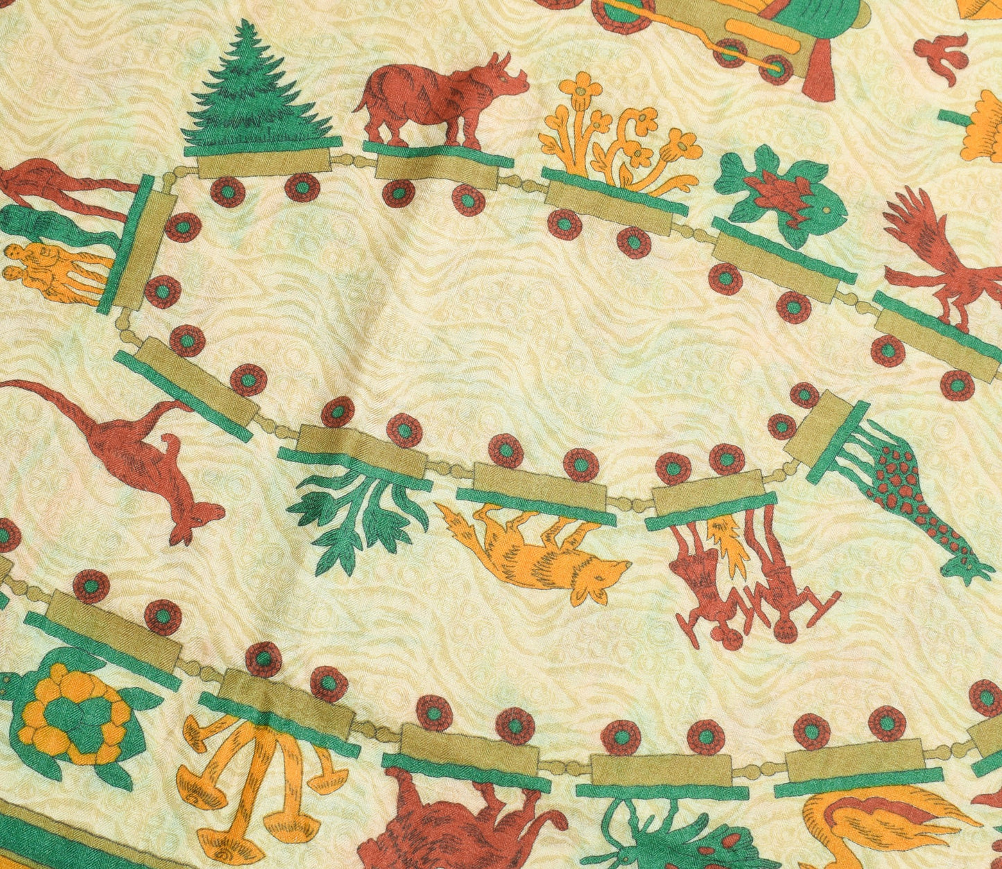 Sushila Vintage Cream Antique Saree Pure Woolen Animal Birds Printed Sari Fabric