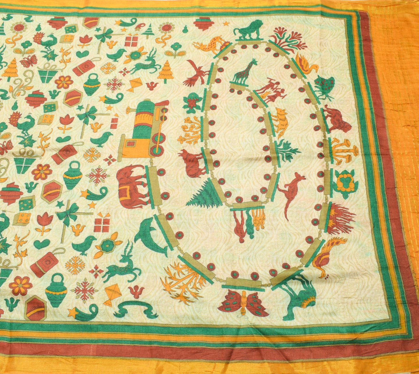 Sushila Vintage Cream Antique Saree Pure Woolen Animal Birds Printed Sari Fabric