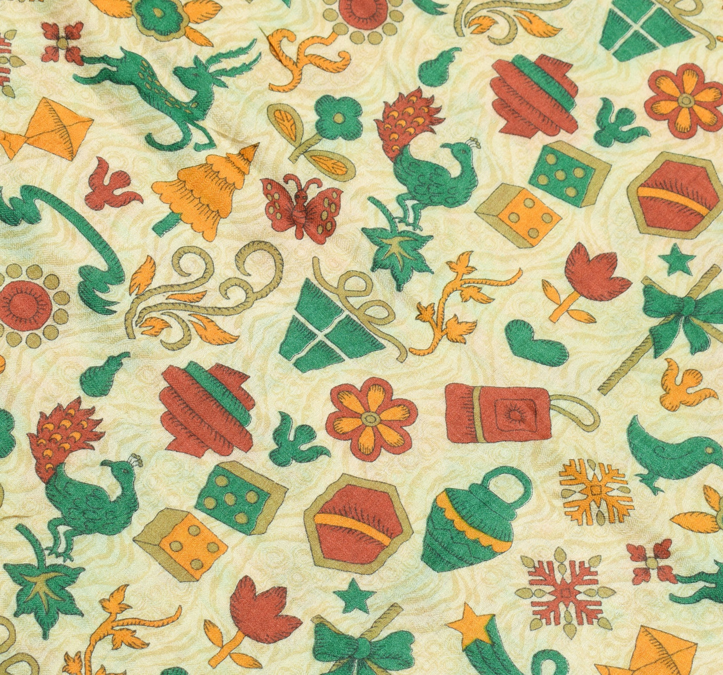 Sushila Vintage Cream Antique Saree Pure Woolen Animal Birds Printed Sari Fabric