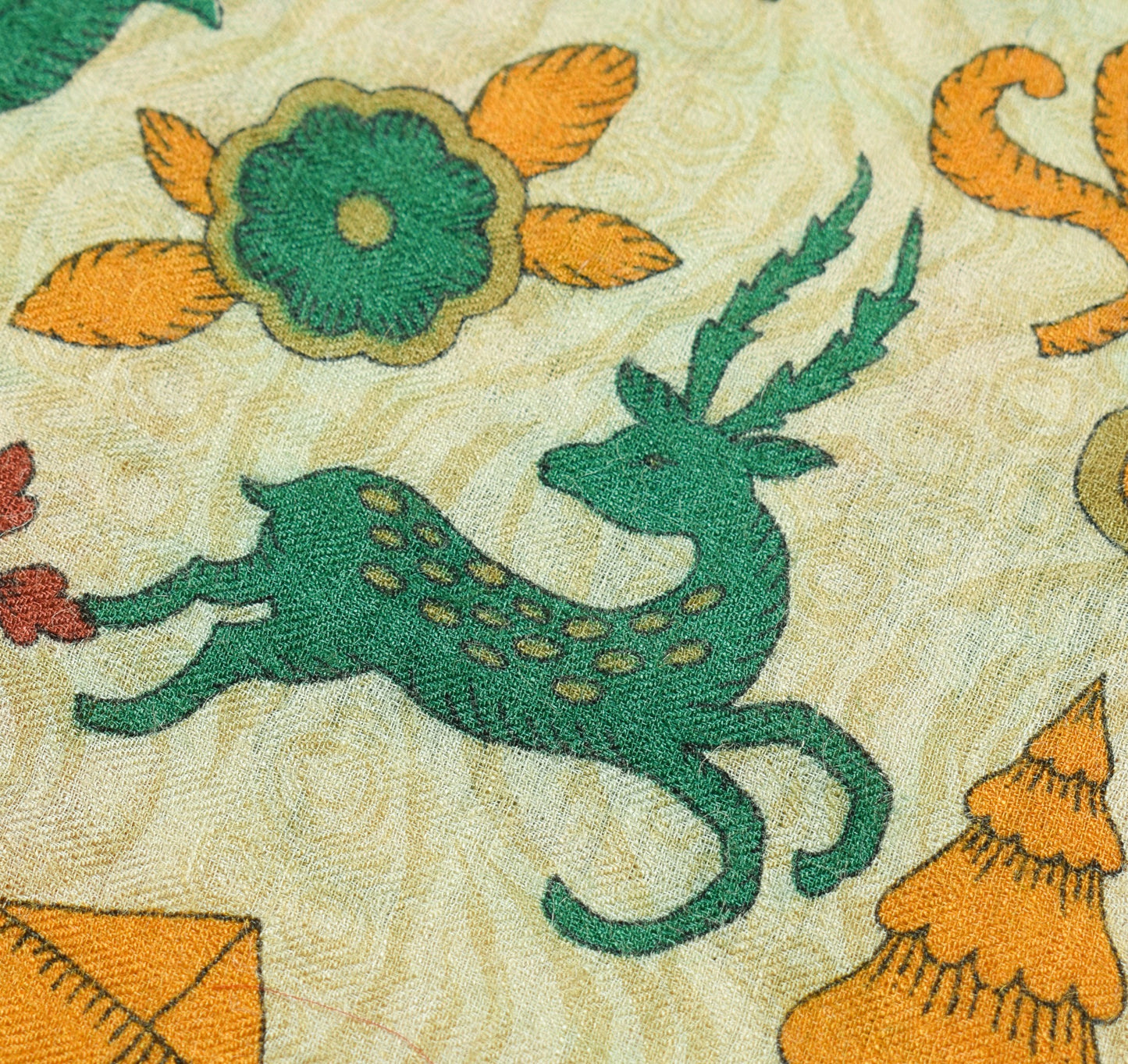 Sushila Vintage Cream Antique Saree Pure Woolen Animal Birds Printed Sari Fabric