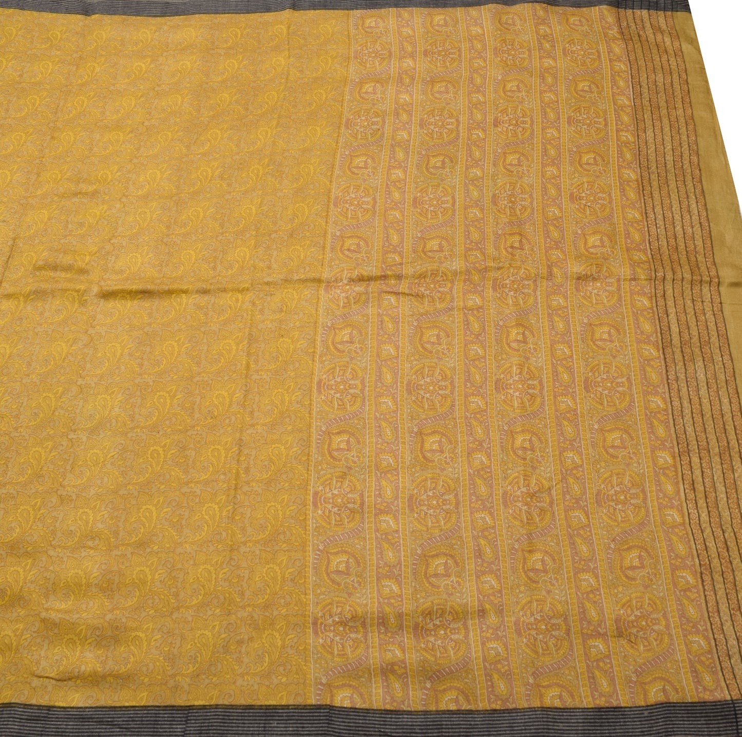 Sushila Vintage Pure Woolen Saree Light Green Floral Printed Indian Sari Fabric
