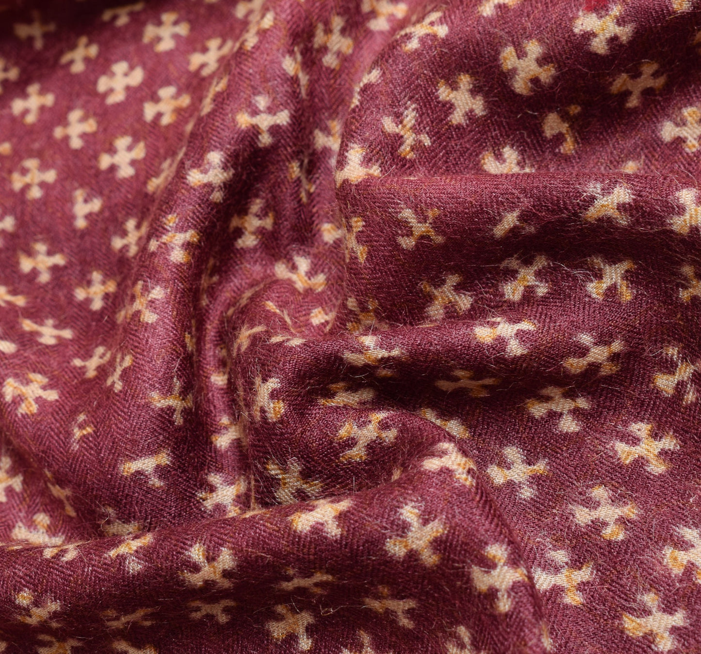 Sushila Vintage Maroon Soft Saree Pure Woolen Hand Block Printed 5YD Sari Fabric