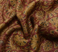 Sushila Vintage Pure Woolen Saree Hand Block Printed Maroon Branded Sari Fabric