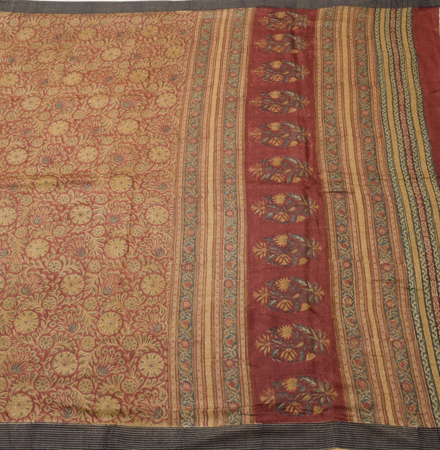 Sushila Vintage Pure Woolen Saree Hand Block Printed Maroon Branded Sari Fabric