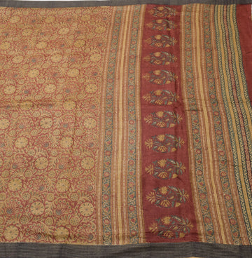 Sushila Vintage Pure Woolen Saree Hand Block Printed Maroon Branded Sari Fabric