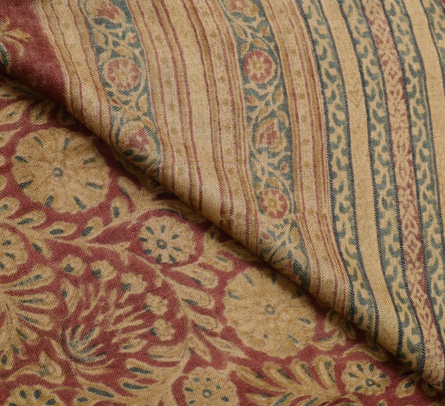 Sushila Vintage Pure Woolen Saree Hand Block Printed Maroon Branded Sari Fabric