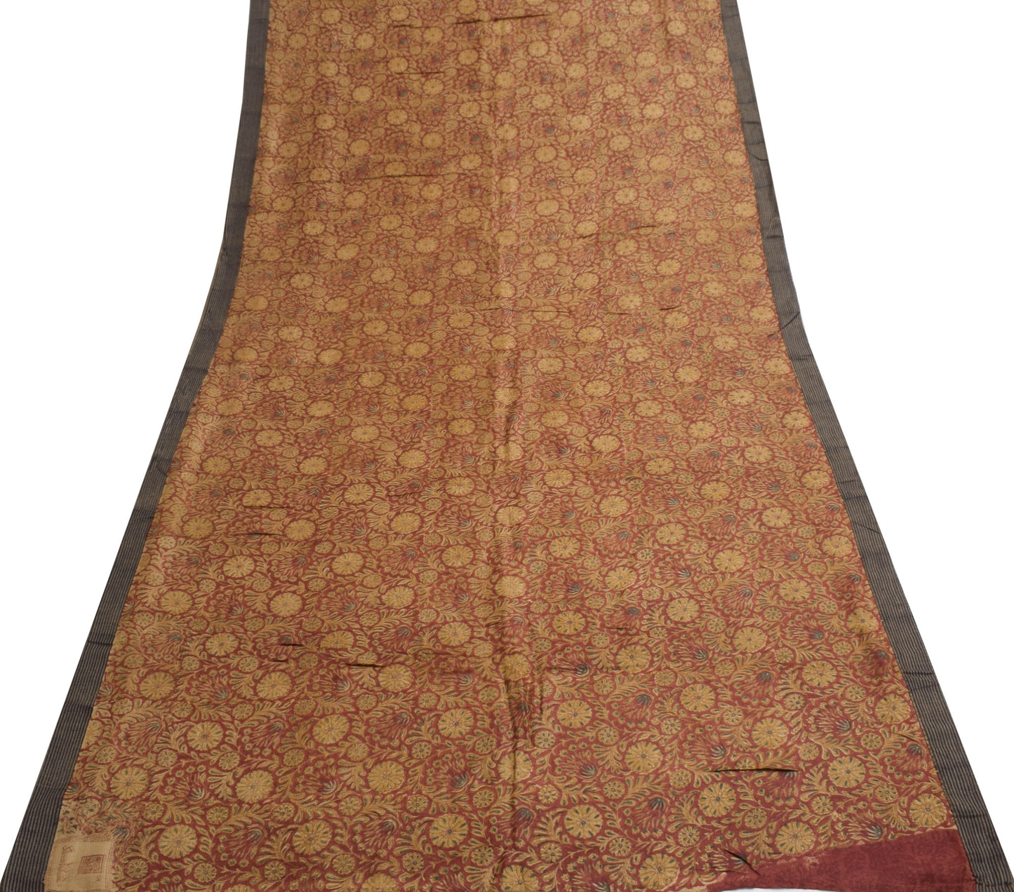 Sushila Vintage Pure Woolen Saree Hand Block Printed Maroon Branded Sari Fabric