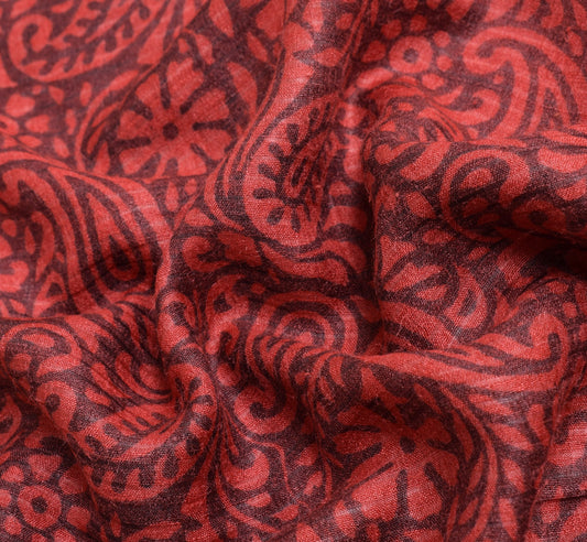 Sushila Vintage Pure Woolen Saree Maroon Hand Block Printed Soft 5YD Sari Fabric